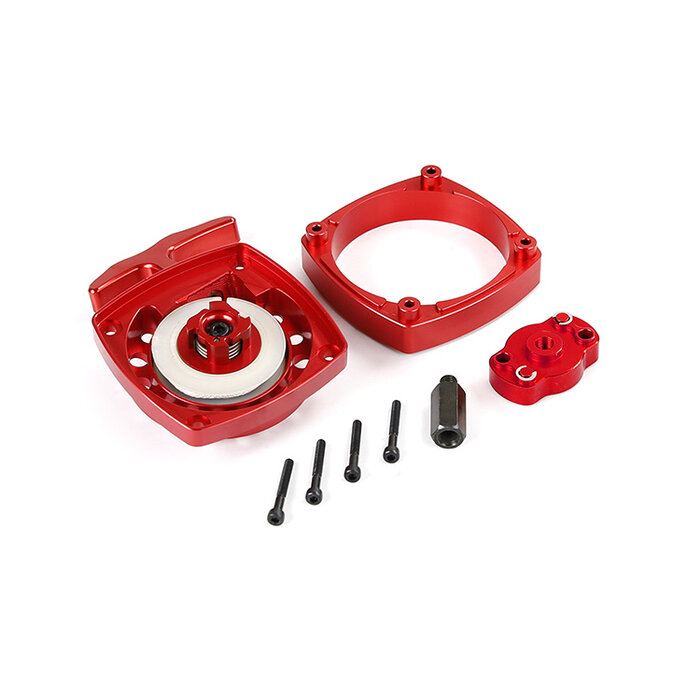 CNC metalen Easy Start trekstarter  (in rood of zilver) met CNC vliegwielmeenemer en afstandsbrugplaat