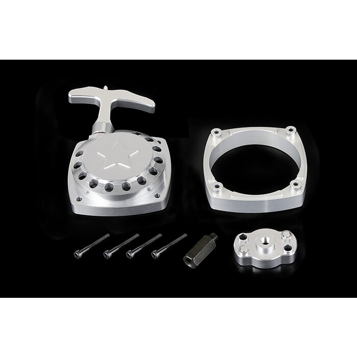 CNC metal Easy Start hand puller (in red or silver) with CNC flywheel carrier and spacer bridge plate