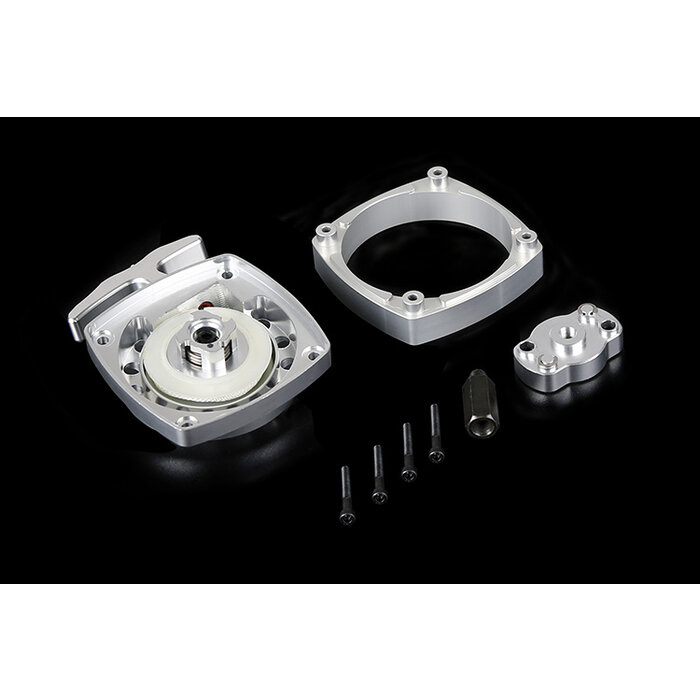 CNC metalen Easy Start trekstarter  (in rood of zilver) met CNC vliegwielmeenemer en afstandsbrugplaat