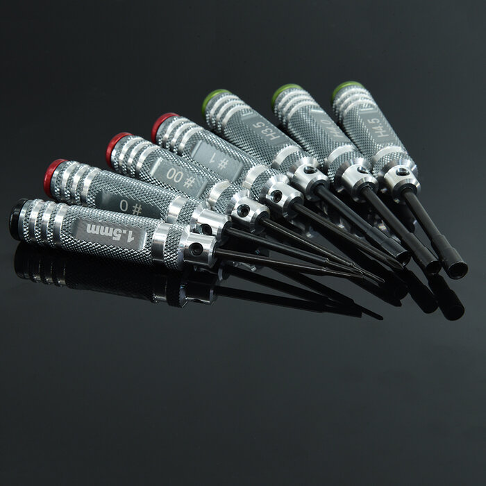 RNA mini-gereedschapsgreep met kleurrijke hoes 7-delige set zeskant 1,5, Philips #0,#00, #1, doos 3,5, 4,0, 4,5 mm
