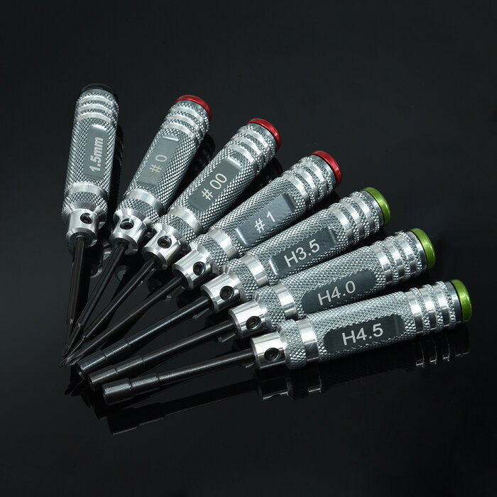 RNA mini-gereedschapsgreep met kleurrijke hoes 7-delige set zeskant 1,5, Philips #0,#00, #1, doos 3,5, 4,0, 4,5 mm