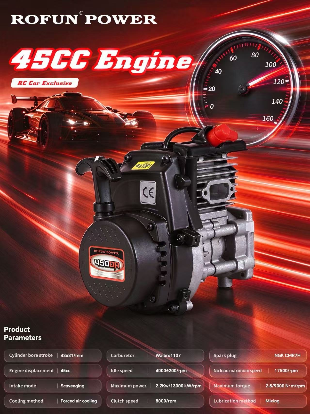 RovanSports 45cc dubbele zuigerring vierbouts easy start motor (met Walbro1107 carb., NGK bougie)