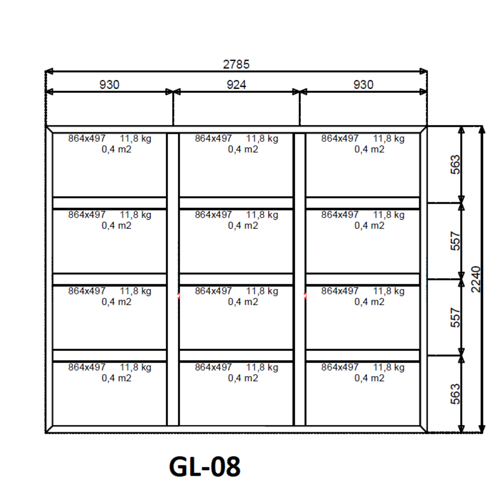 Stalen glaswand 224x278,5cm