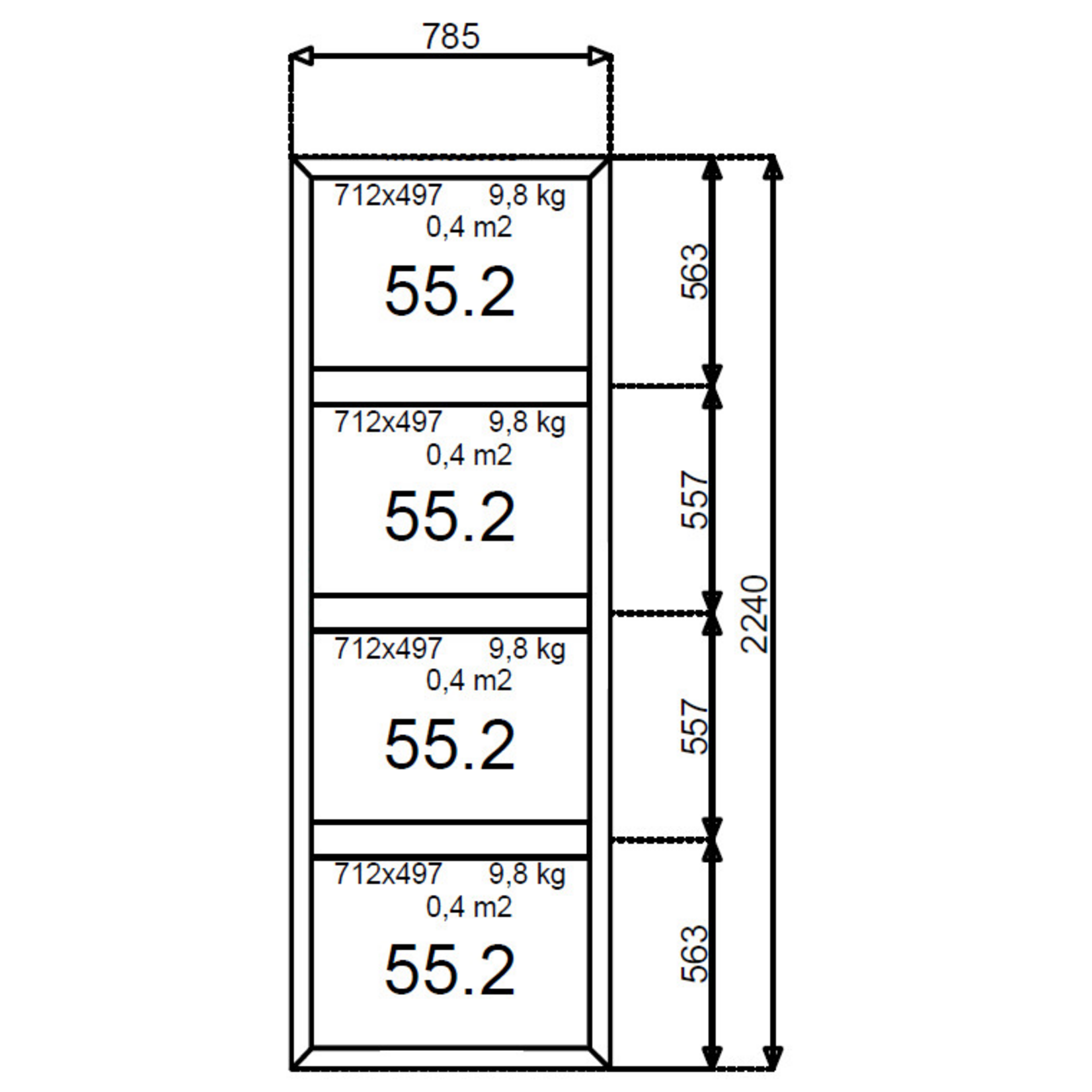 Stalen glaswand 224x78,5cm