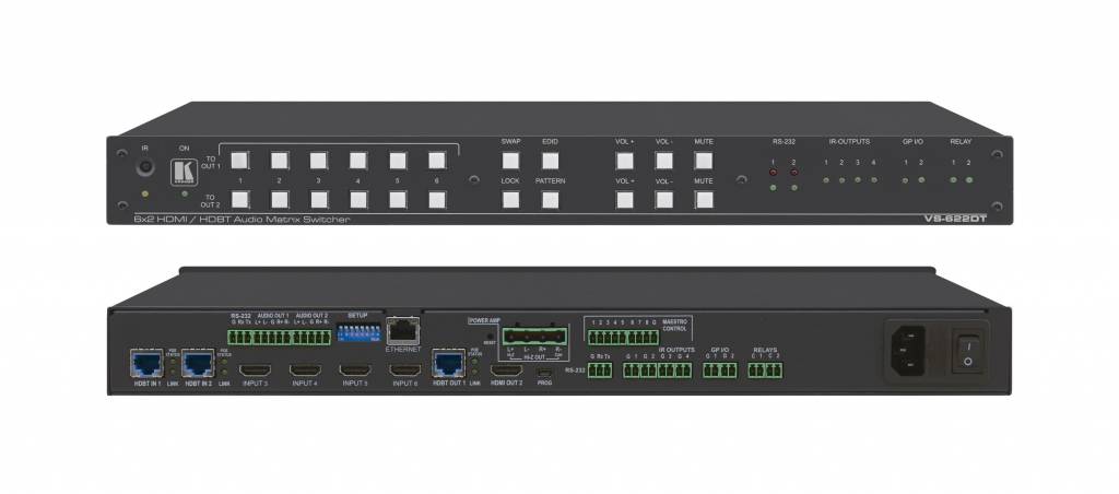 Kramer KRAMER - VS-622DT All–in–One Presentation System with 6x2 4K60 4:2:0 HDMI/HDBaseT Matrix Switching, Control Gateway, PoE, Power Amplifier & Maestro Room Automation