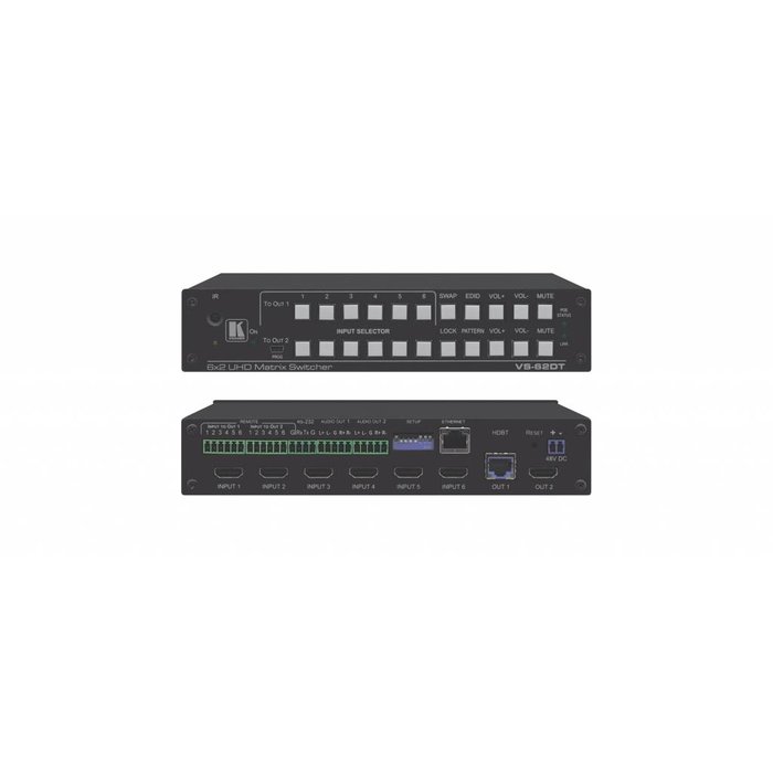 Kramer KRAMER - VS-62DT 6x2 4K60 4:2:0 HDMI/HDBaseT Long–Reach PoE Matrix Switcher