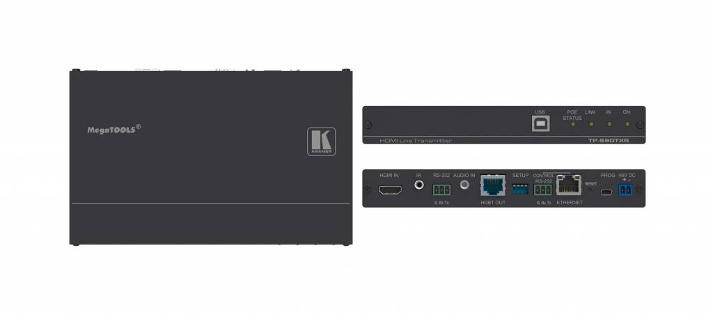 Kramer KRAMER - TP-590TXR 4K60 4:2:0 HDMI PoE Transmitter with USB, Ethernet, RS–232, IR & Stereo Audio Extraction over Extended–Reach HDBaseT 2.0