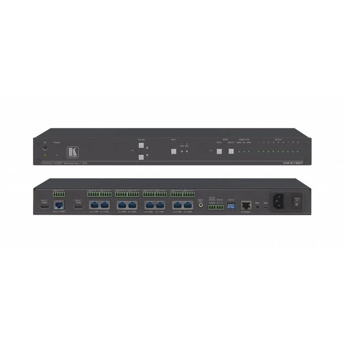 Kramer KRAMER - VM-218DT 2x1:8 4K60 4:2:0 HDMI & Long–Reach HDBaseT, RS–232, IR & Stereo Audio Switchable DA