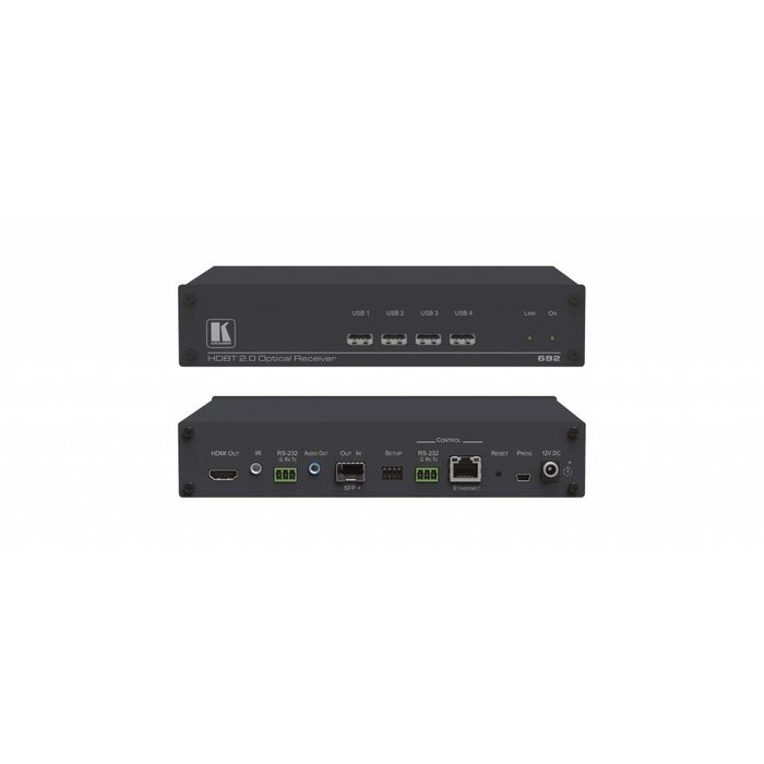 Kramer KRAMER - 692 4K60 4:2:0 HDMI MM/SM Fiber Optic Receiver with USB, Ethernet, RS–232, IR & Stereo Audio Extraction over Ultra–Reach HDBaseT 2.0