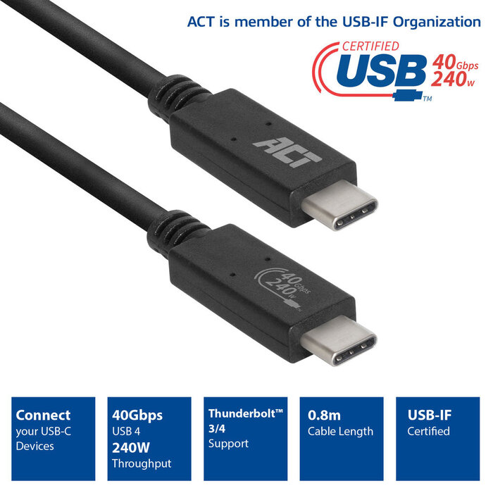 ACT USB-C / Thunderbolt 3/4 kabel 40Gb/s 240W 80 cm