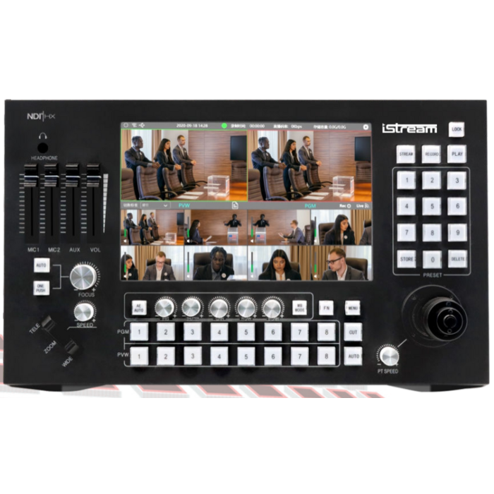 iStream De iStream PTZ Switch NDI is een gebruiksvriendelijke NDI HX2-switcher met geïntegreerde PTZ-controller en touchscreen