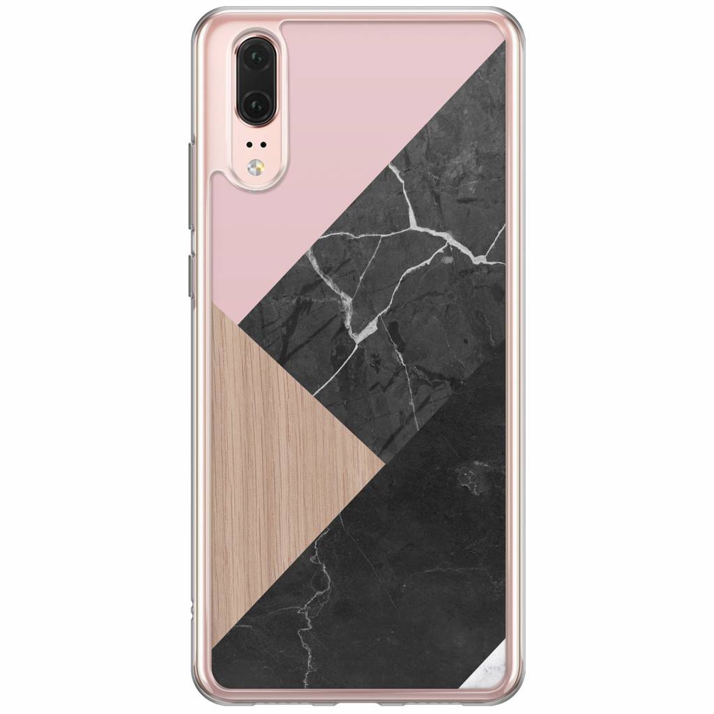 Huawei P20 Siliconen Hoesje Marble Wooden Mix huismerk kopen in de aanbieding