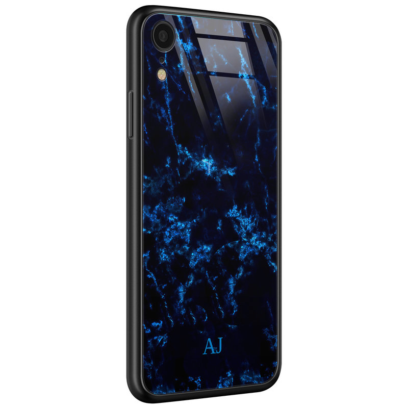 Casimoda iPhone XR glazen case naam - Marmer zwart blauw