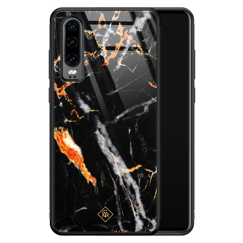 Casimoda Huawei P30 glazen hardcase - Marmer zwart oranje