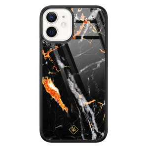 Casimoda iPhone 12 mini glazen hardcase - Marmer zwart oranje