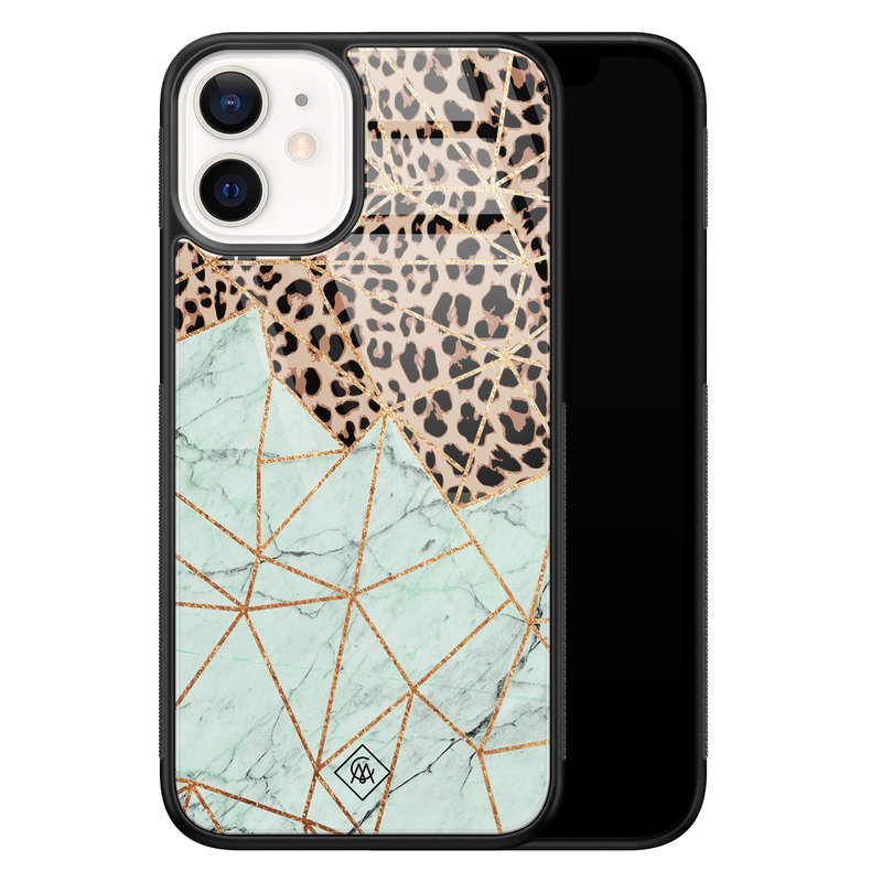 Casimoda iPhone 12 mini glazen hardcase - Luipaard marmer mint