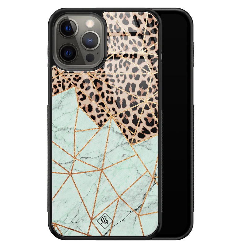Casimoda iPhone 12 Pro Max glazen hardcase - Luipaard marmer mint