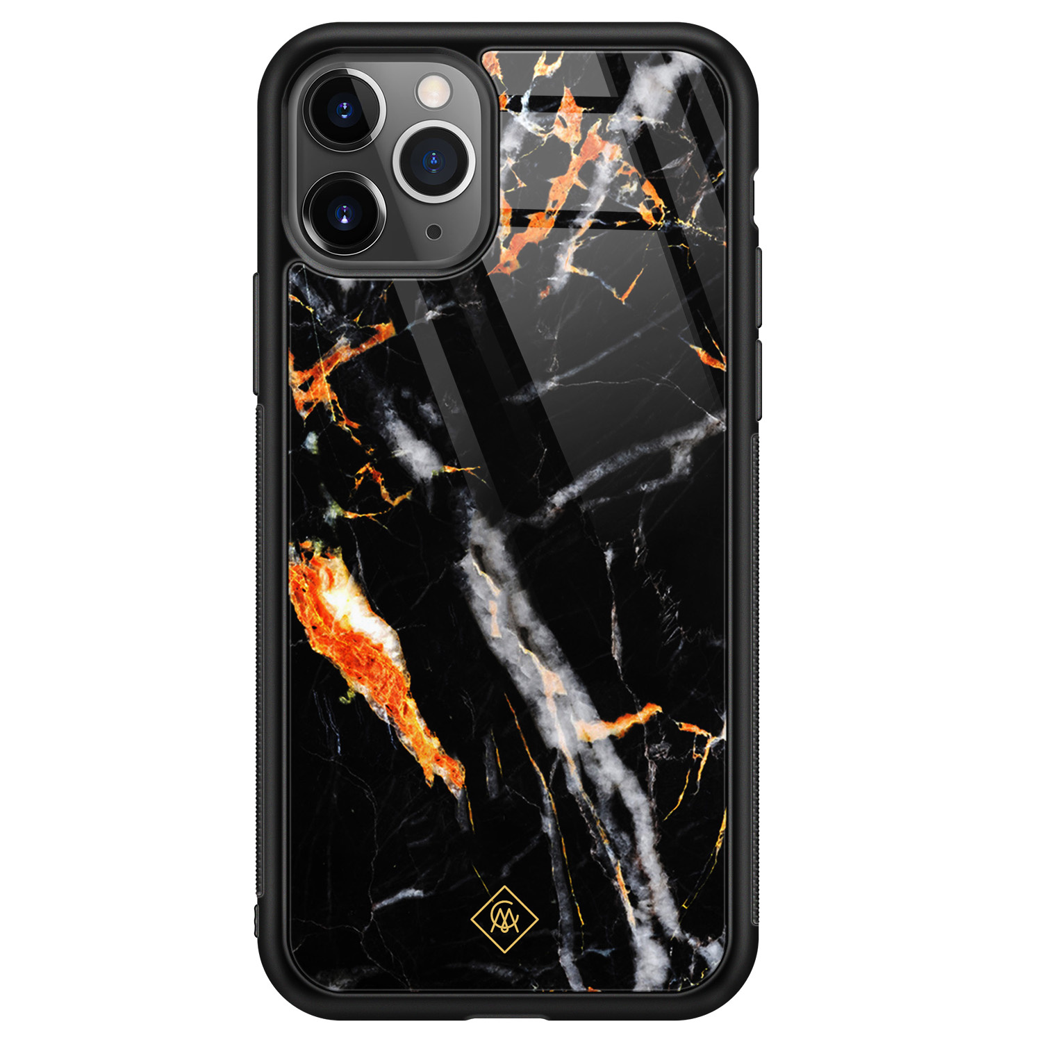 iPhone 11 Pro Max glazen hardcase Marmer zwart oranje