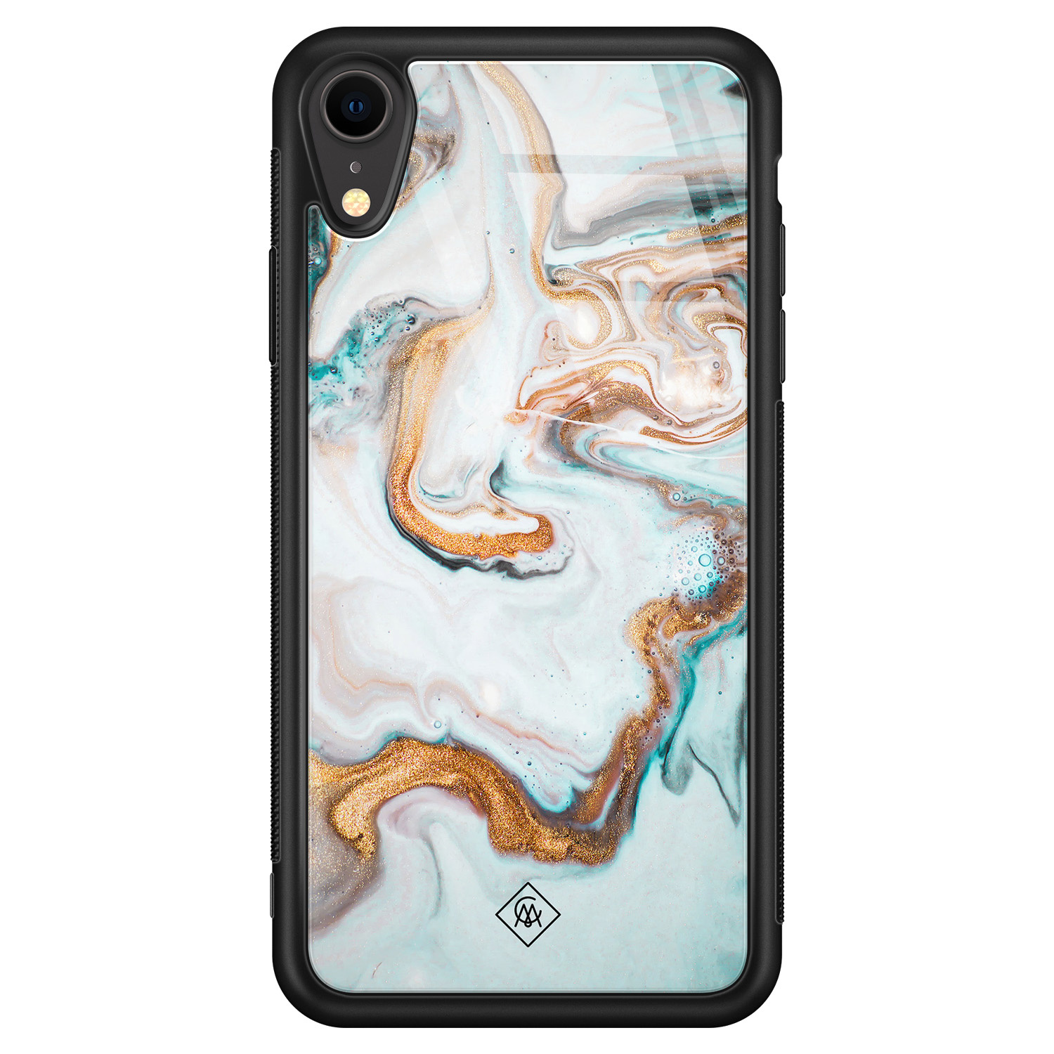 iPhone XR glazen hardcase Goud blauw marmer