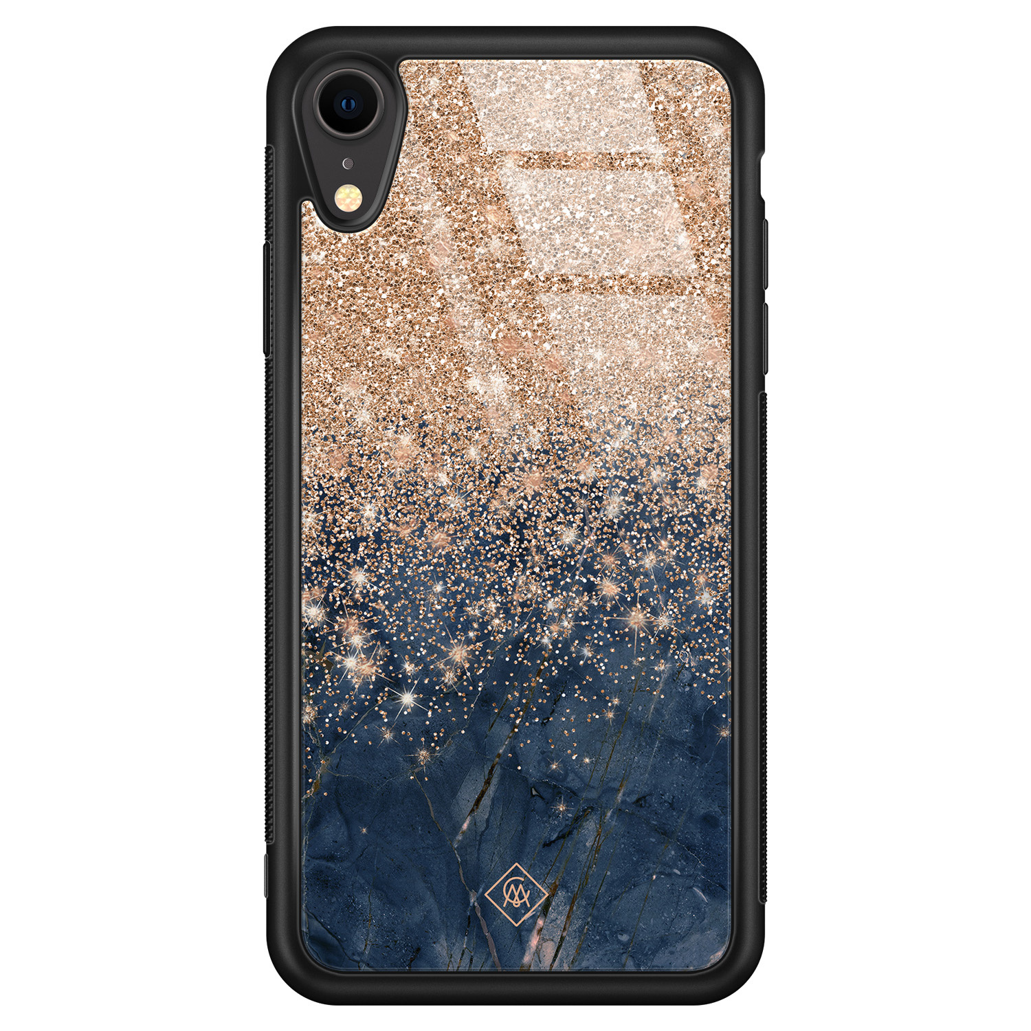 iPhone XR glazen hardcase Marmer blauw rosegoud