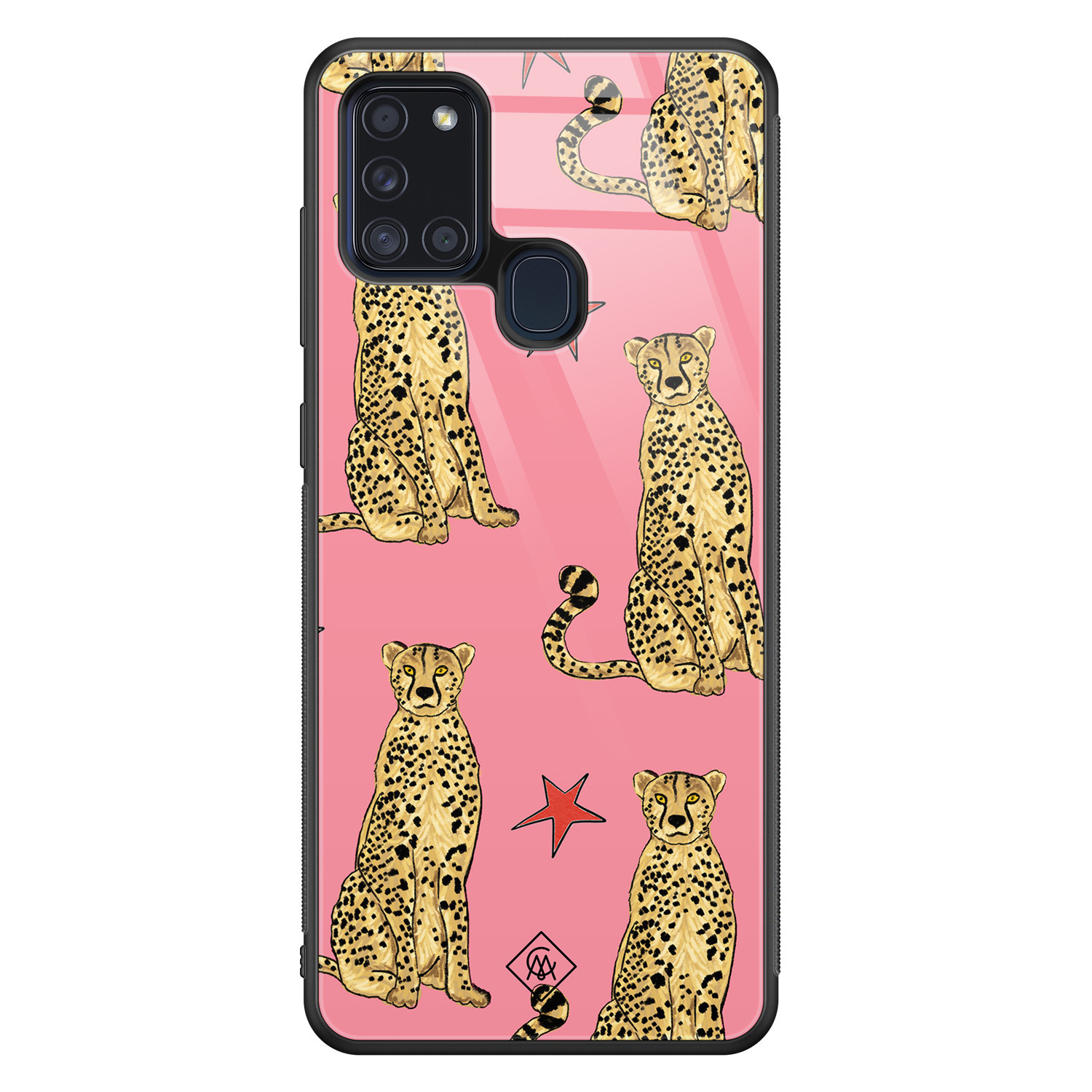 Samsung Galaxy A21s glazen hardcase The pink leopard