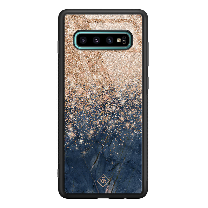 Casimoda Samsung Galaxy S10 Plus glazen hardcase - Marmer blauw rosegoud