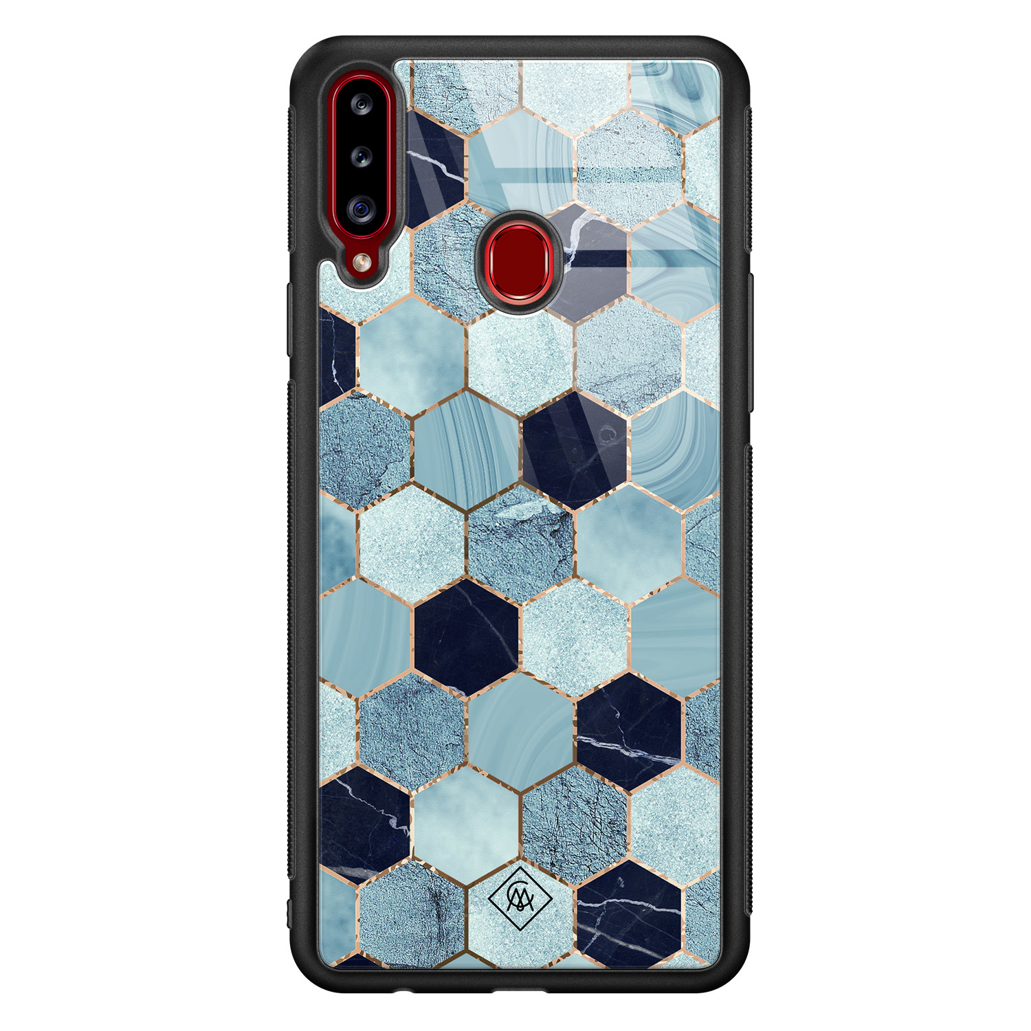 Samsung Galaxy A20s glazen hardcase Blue cubes