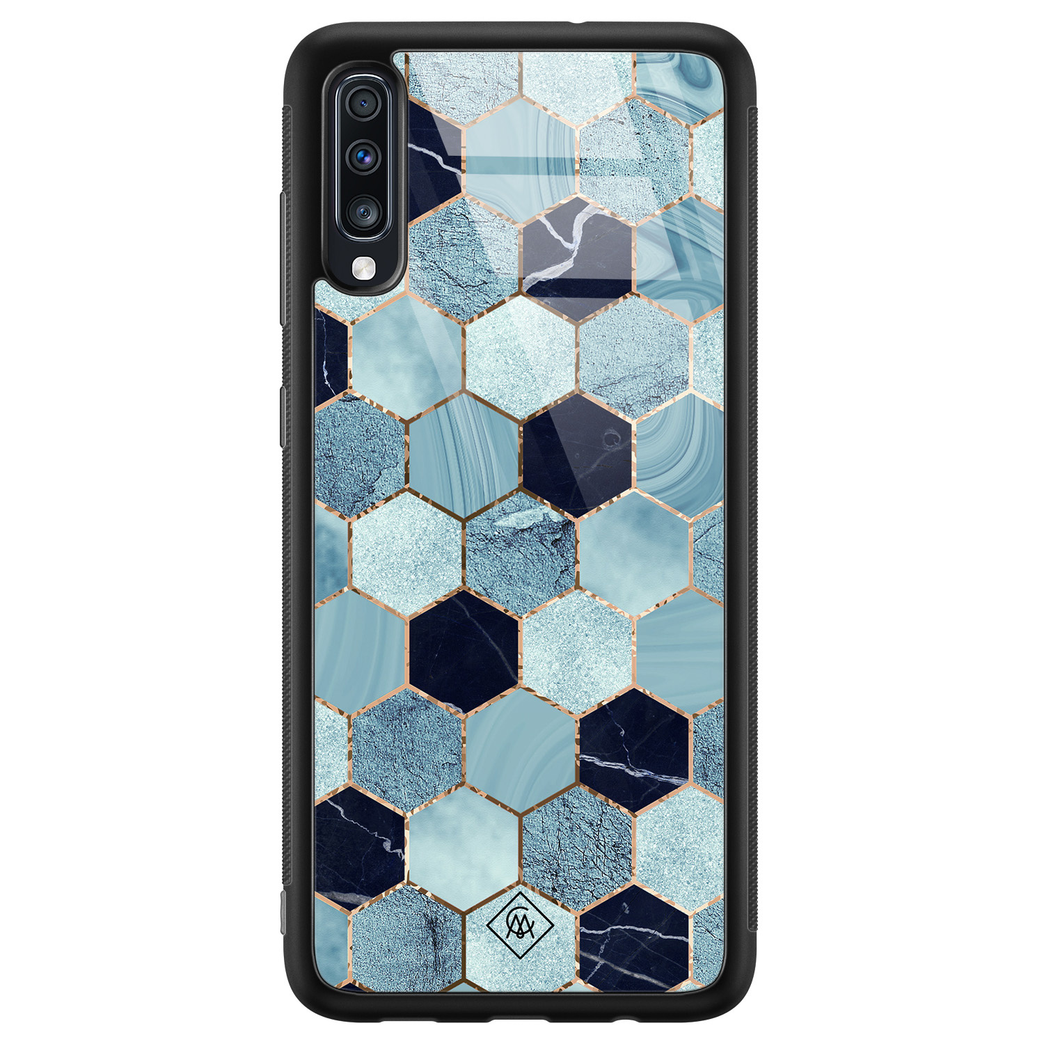 Samsung Galaxy A50 glazen hardcase Blue cubes