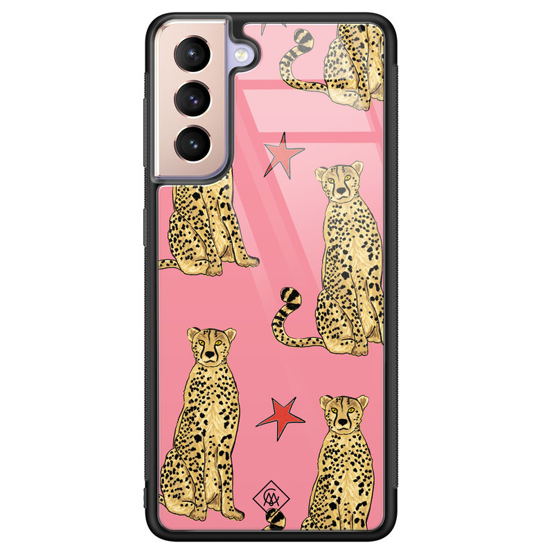 Casimoda Samsung Galaxy S21 glazen hardcase - The pink leopard