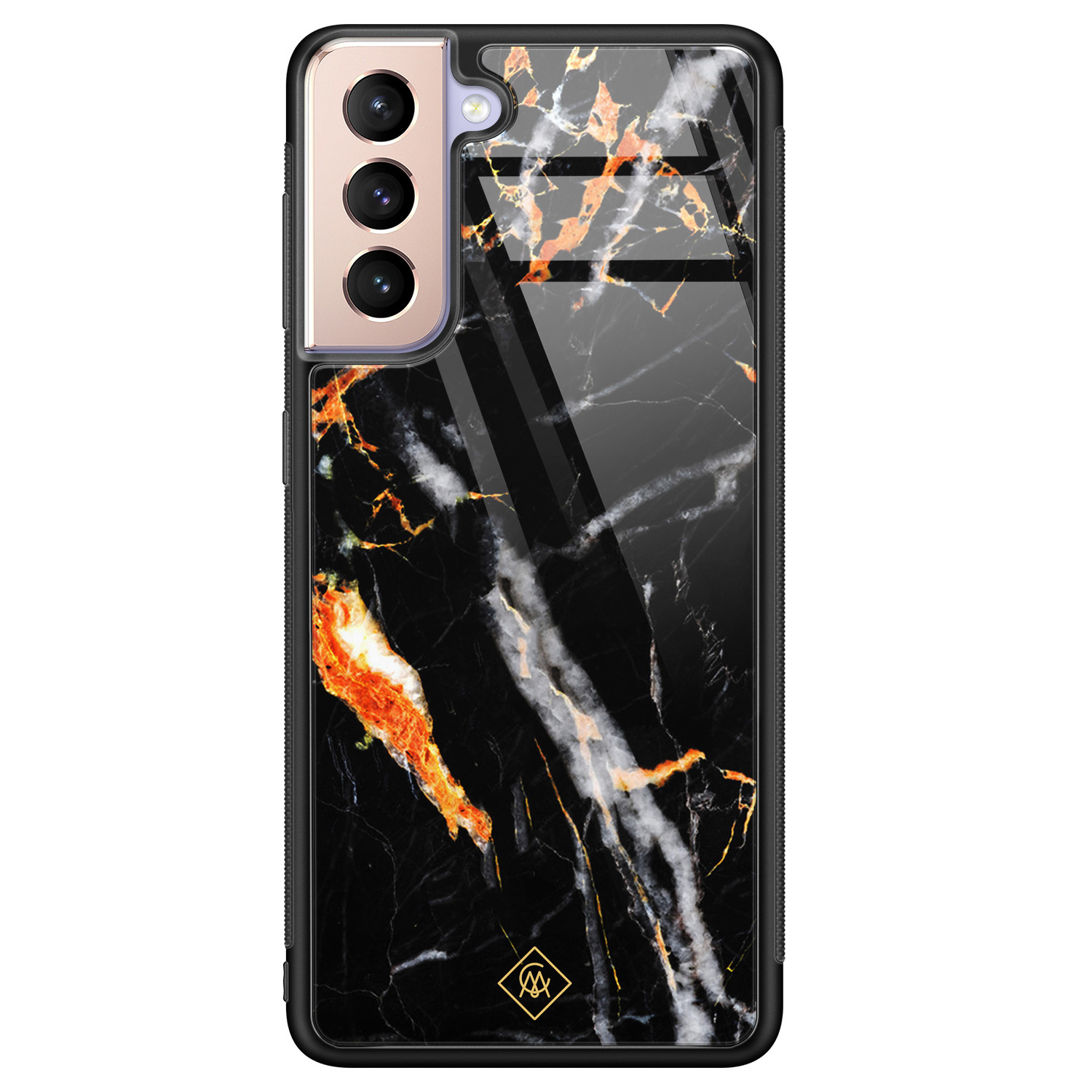 Samsung Galaxy S21 glazen hardcase Marmer zwart oranje
