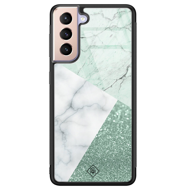 Casimoda Samsung Galaxy S21 glazen hardcase - Minty marmer collage