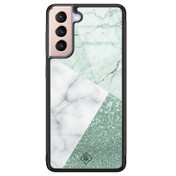 Casimoda Samsung Galaxy S21 Plus glazen hardcase - Minty marmer collage