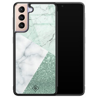 Casimoda Samsung Galaxy S21 Plus glazen hardcase - Minty marmer collage