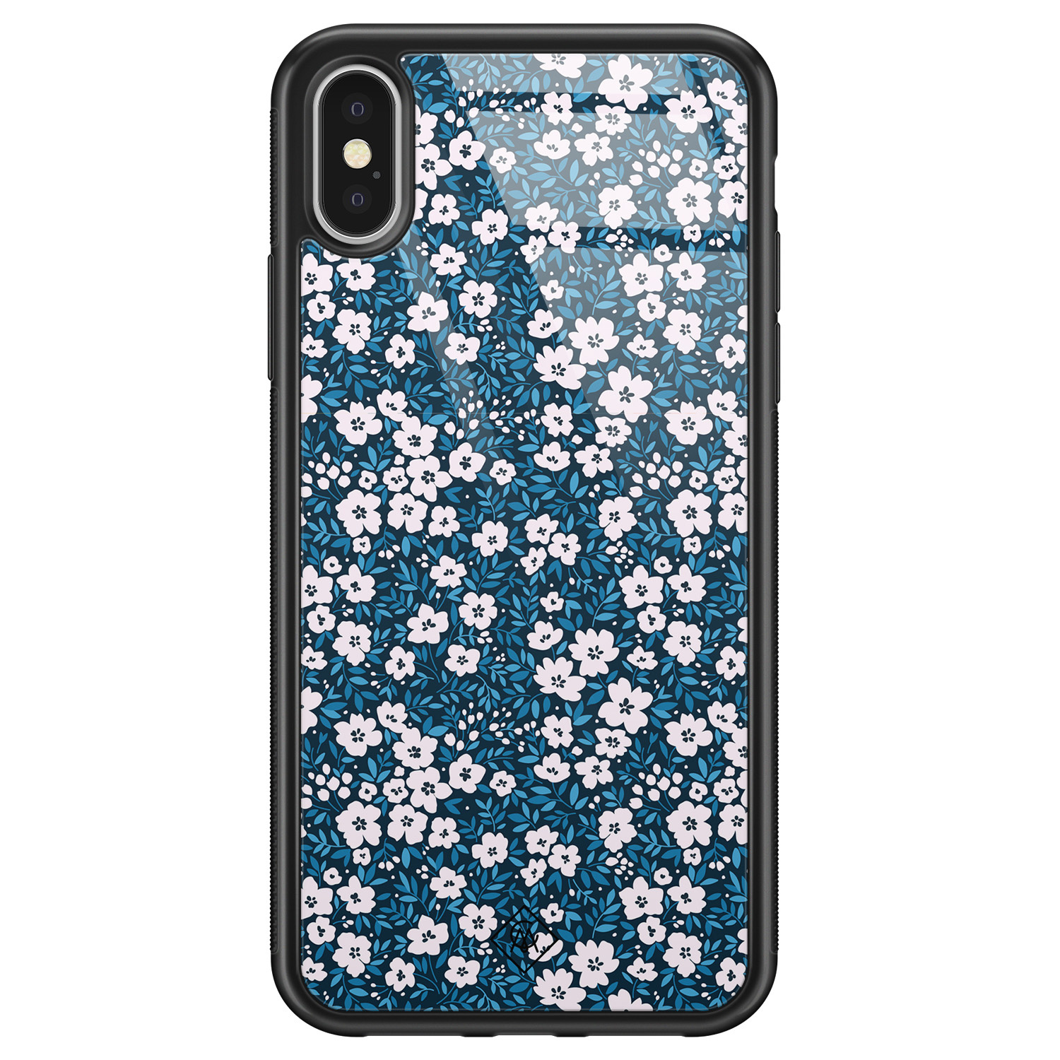 iPhone X/XS glazen hardcase - Bloemen blauw