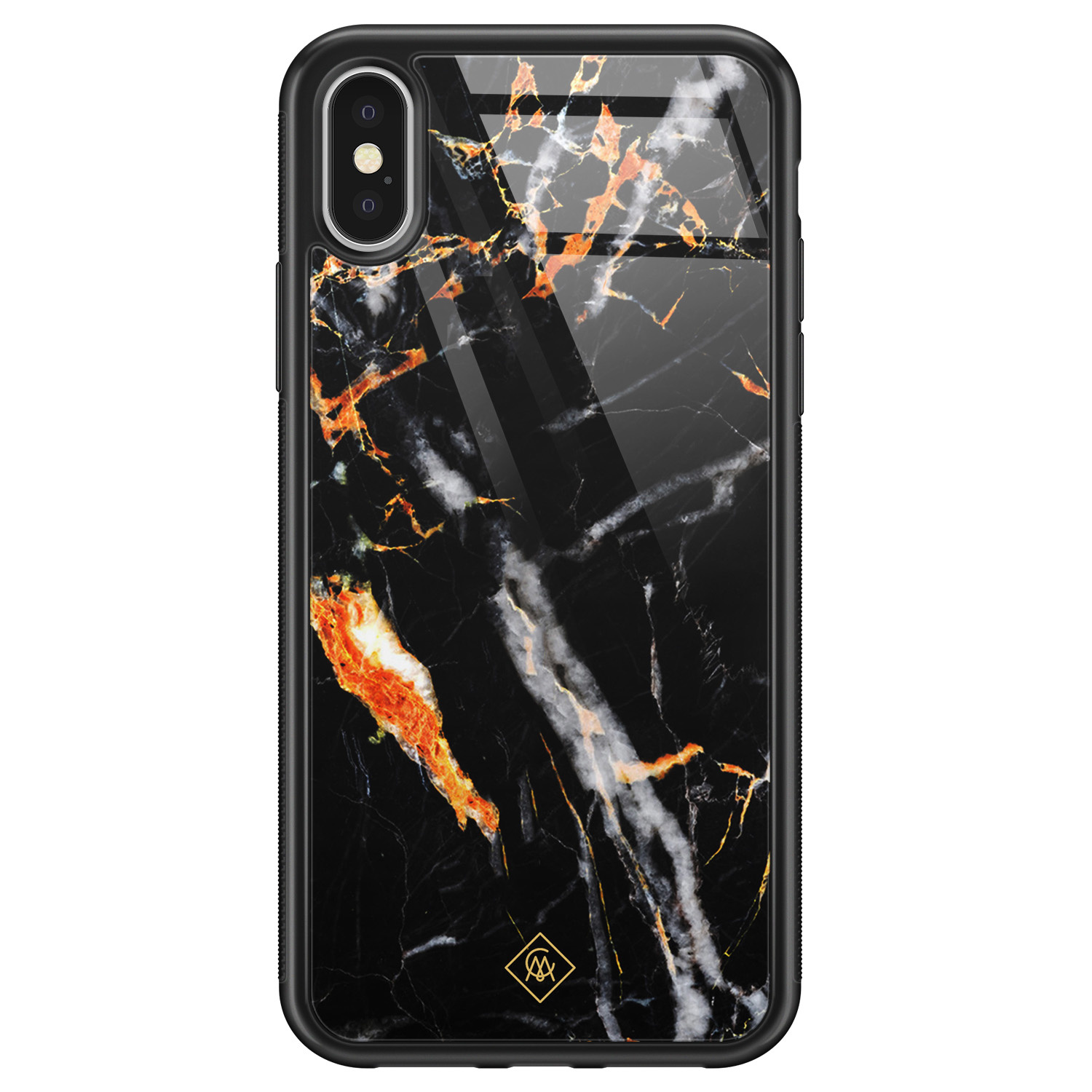 iPhone X XS glazen hardcase Marmer zwart oranje