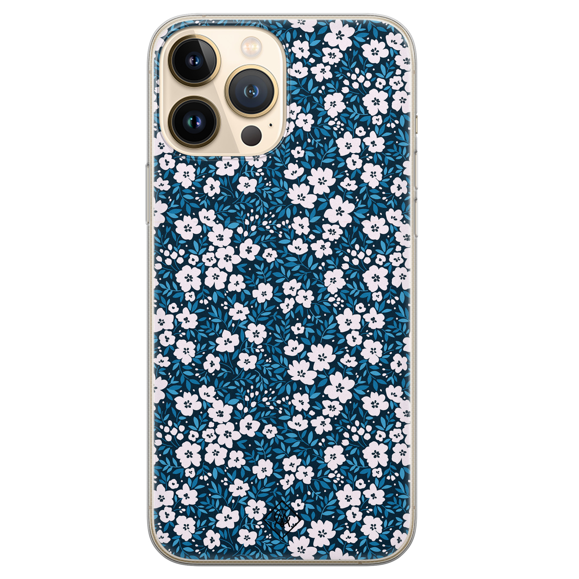iPhone 13 Pro Max siliconen hoesje - Bloemen blauw