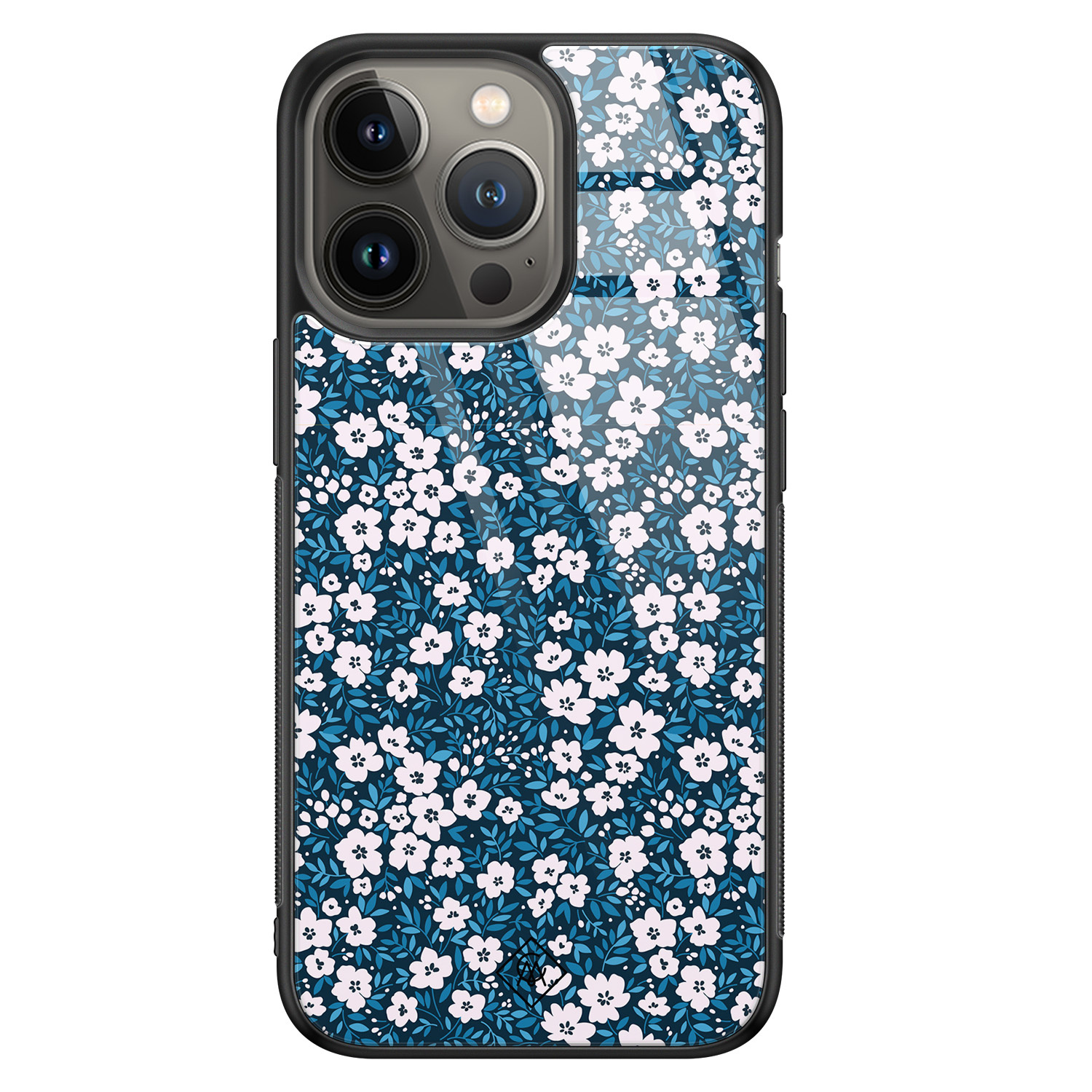 iPhone 13 Pro glazen hardcase Bloemen blauw