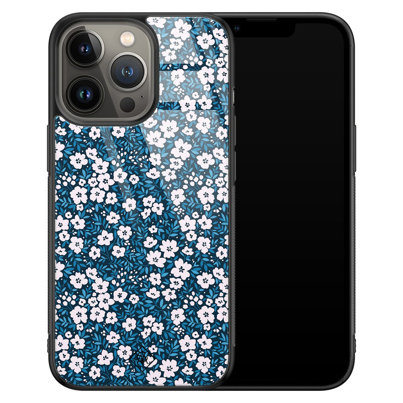 Casimoda iPhone 13 Pro glazen hardcase - Bloemen blauw