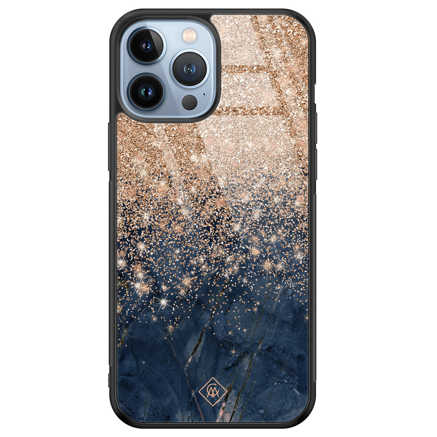 iPhone 13 Pro Max glazen hardcase - Marmer blauw rosegoud