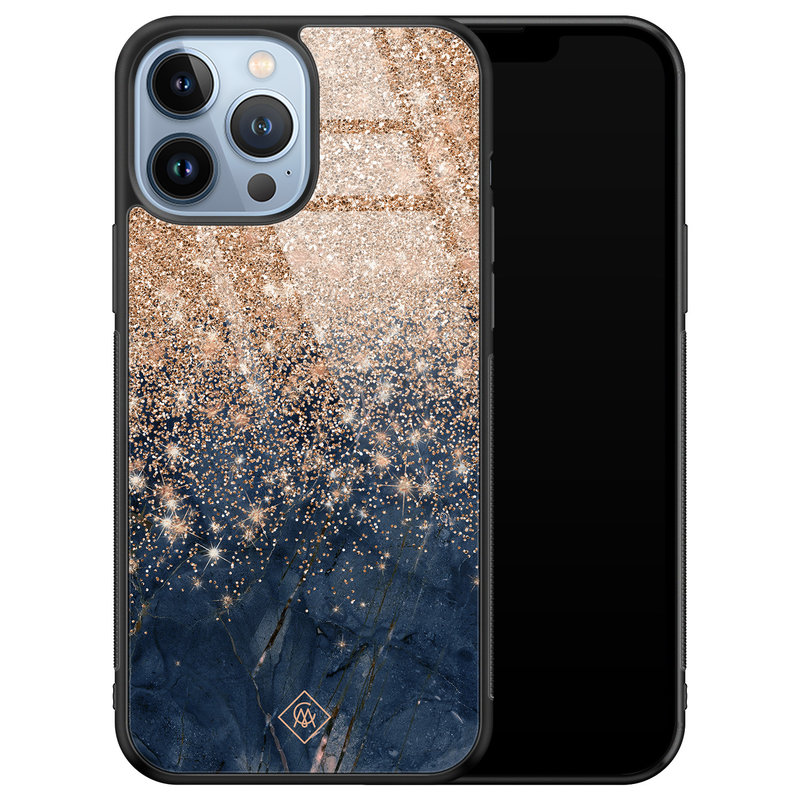 Casimoda iPhone 13 Pro Max glazen hardcase - Marmer blauw rosegoud