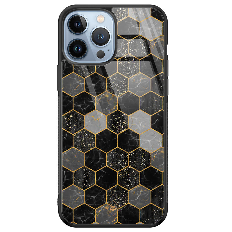Casimoda iPhone 13 Pro Max glazen hardcase - Hexagons zwart