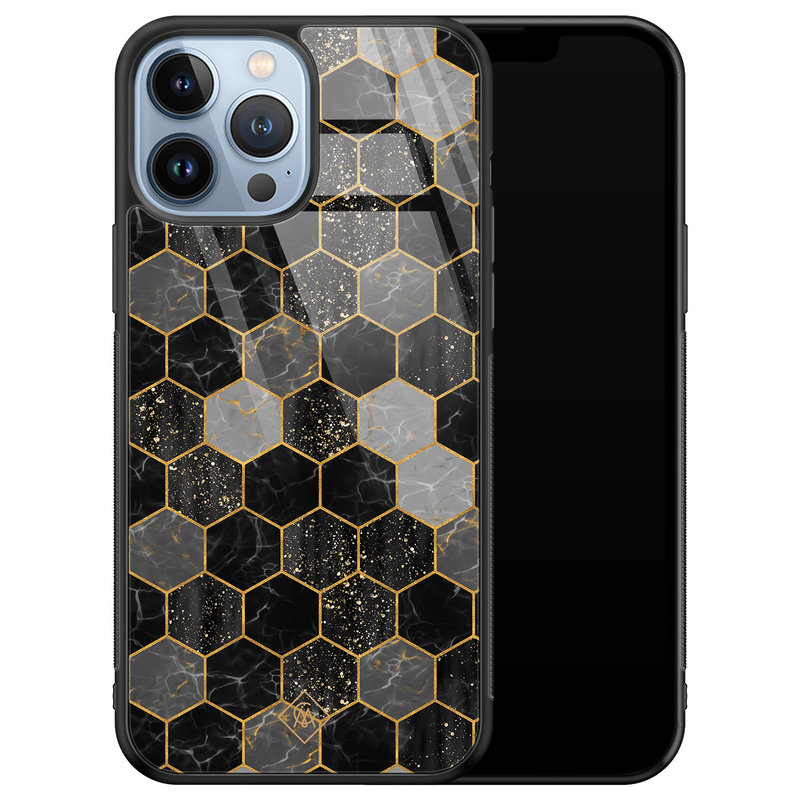 Casimoda iPhone 13 Pro Max glazen hardcase - Hexagons zwart