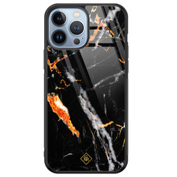Casimoda iPhone 13 Pro Max glazen hardcase - Marmer zwart oranje