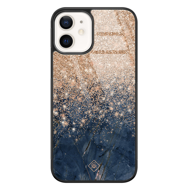 Casimoda iPhone 12 glazen hardcase - Marmer blauw rosegoud