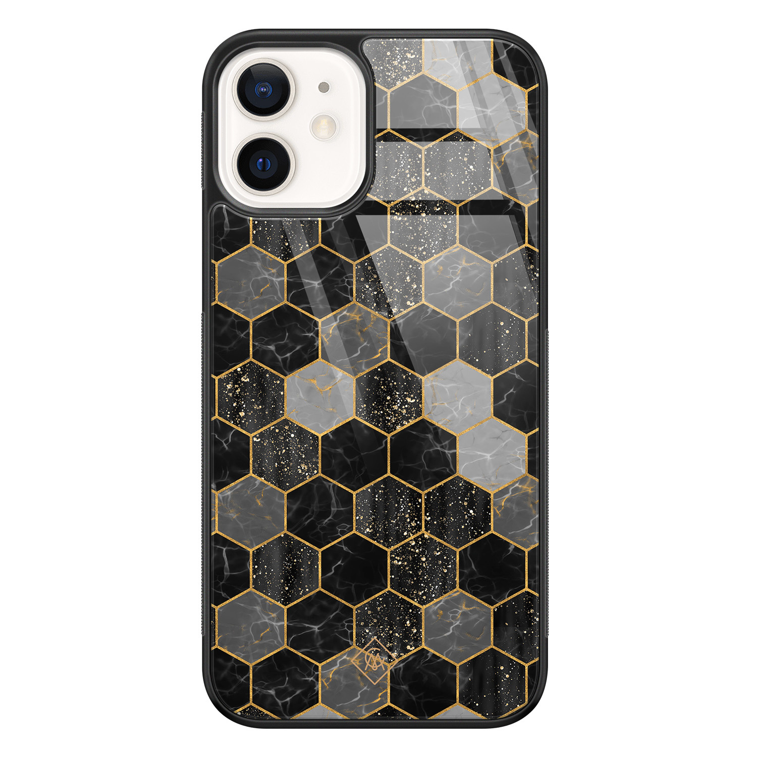 iPhone 12 glazen hardcase - Hexagons zwart