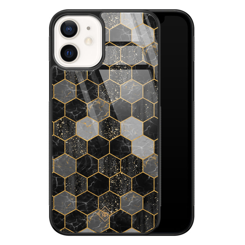 Casimoda iPhone 12 glazen hardcase - Hexagons zwart