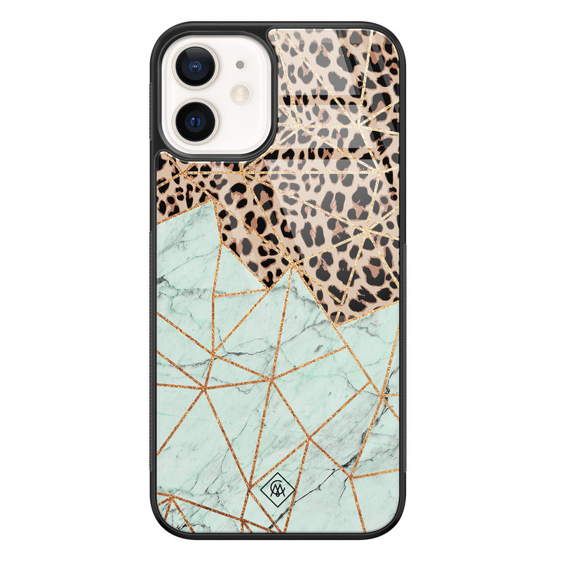 Casimoda iPhone 12 glazen hardcase - Luipaard marmer mint