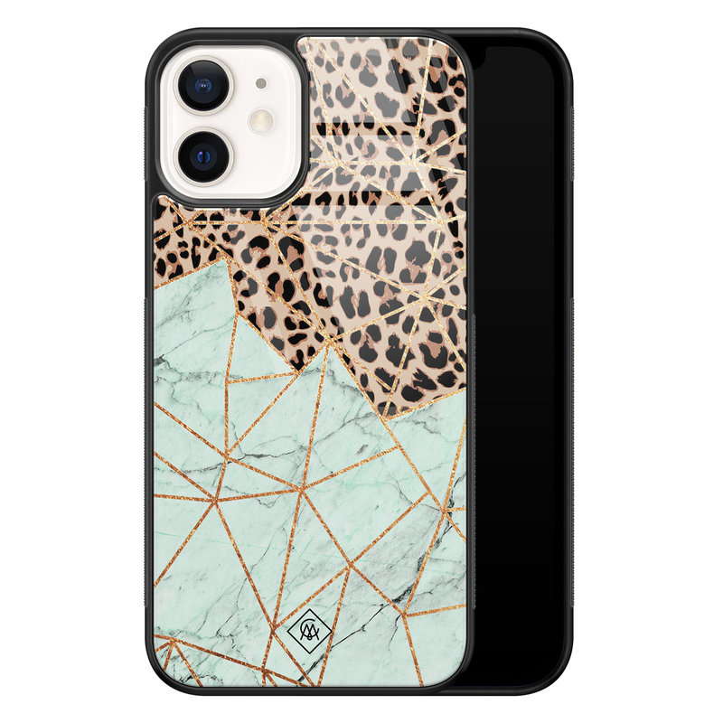 Casimoda iPhone 12 glazen hardcase - Luipaard marmer mint