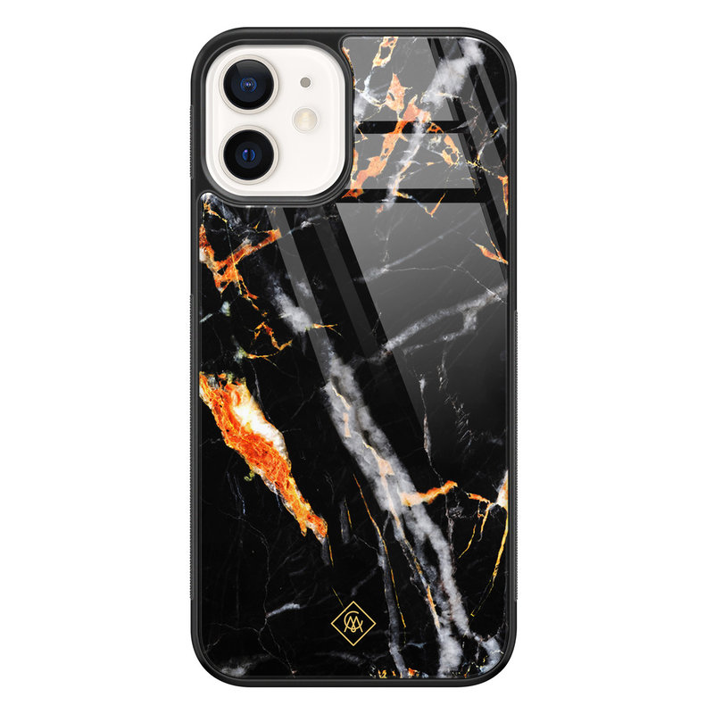 Casimoda iPhone 12 glazen hardcase - Marmer zwart oranje