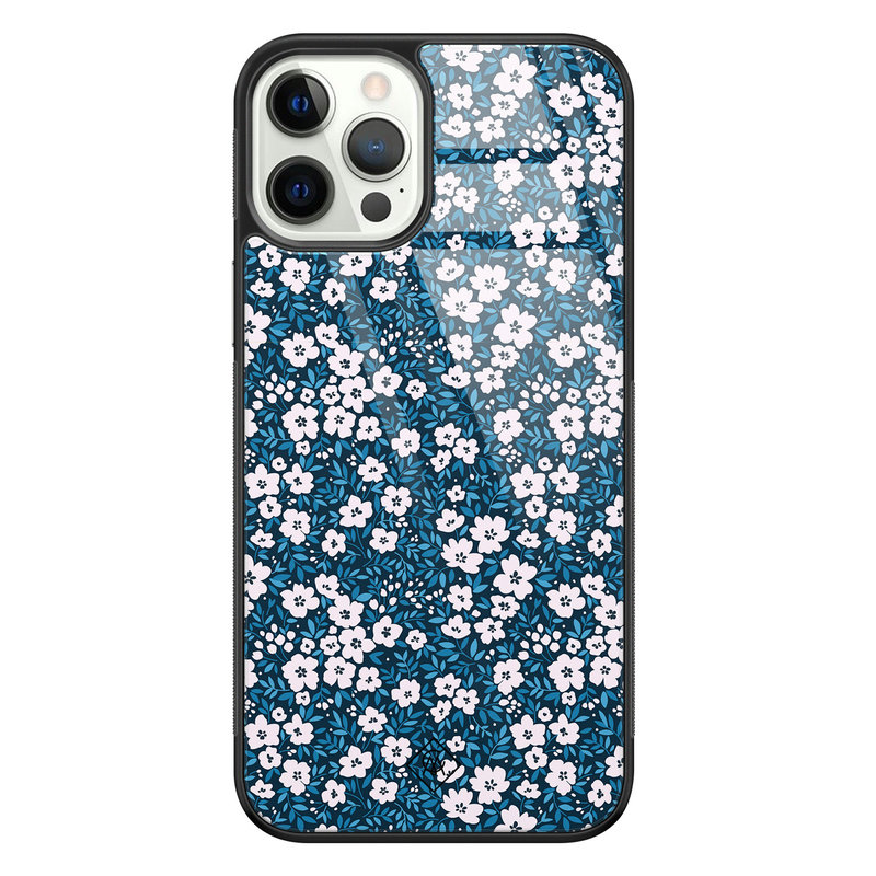 Casimoda iPhone 12 Pro glazen hardcase - Bloemen blauw